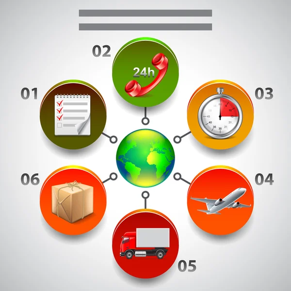 Logistics infographics, icons in circles around earth — Stock Vector