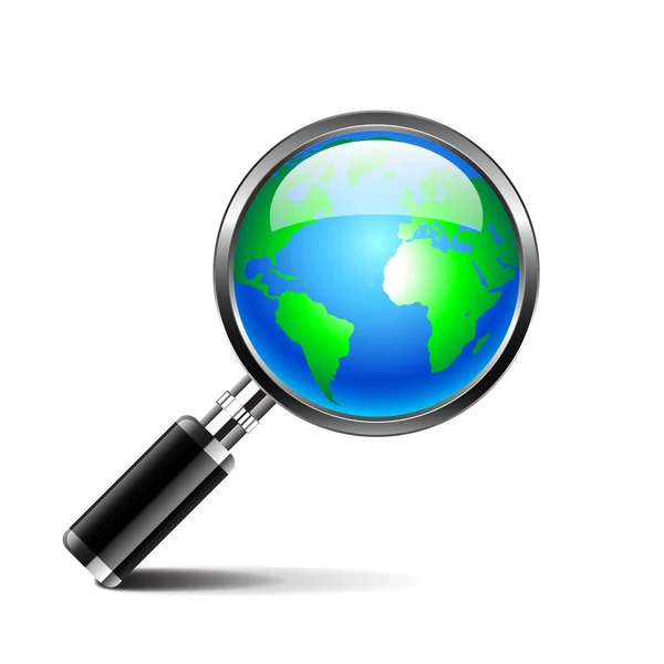 Magnifying glass with earth globe isolated on white background — Stock Vector