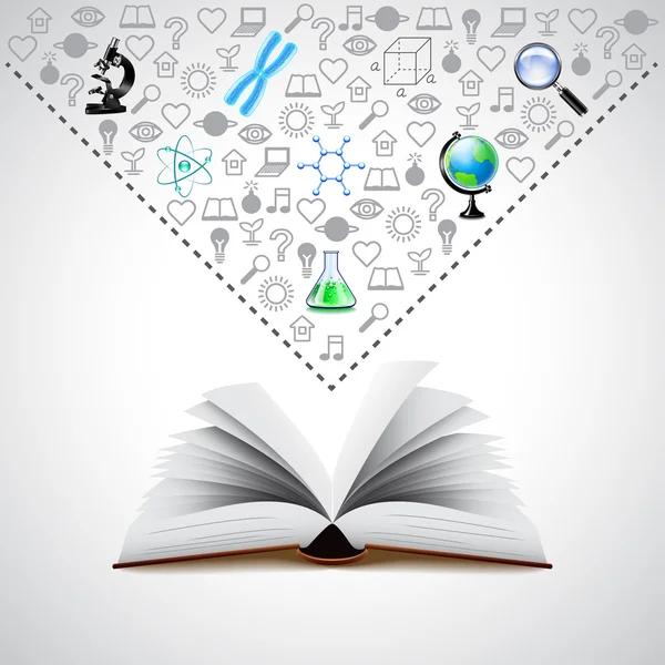 Opened book and many science icons above it — Stock Vector