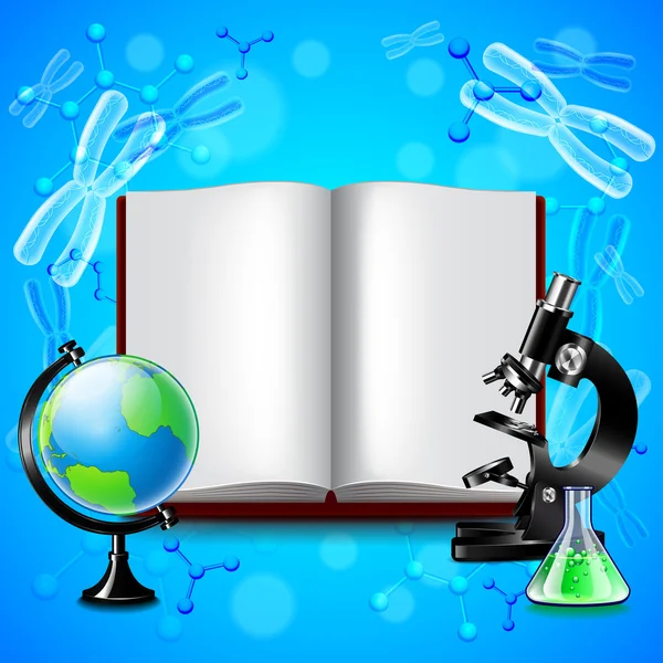 Opened book and science tools on blue background — Stock Vector