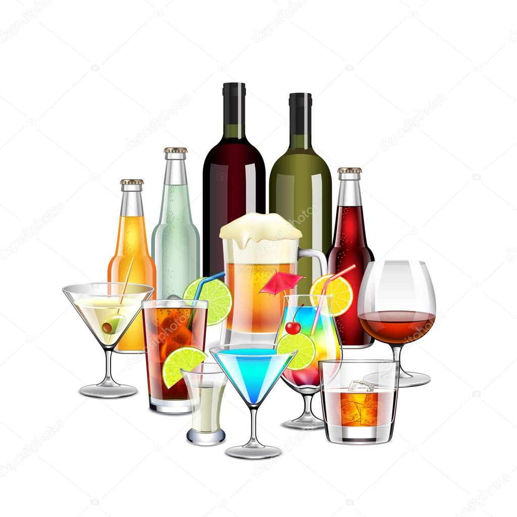 Alcohol drinks and cocktails composition isolated on white background