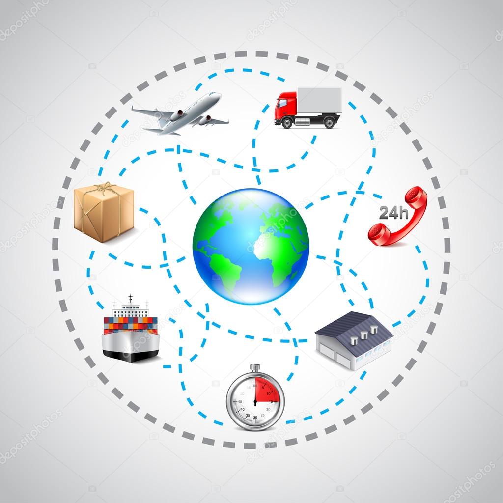 Logistics icons in sphere connected with dotted lines