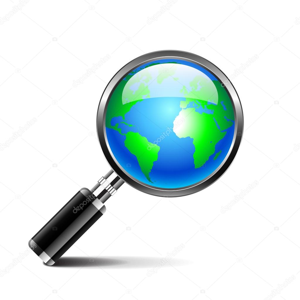 Magnifying glass with earth globe isolated on white background