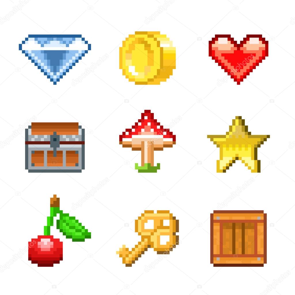 Pixel objects for games icons vector set