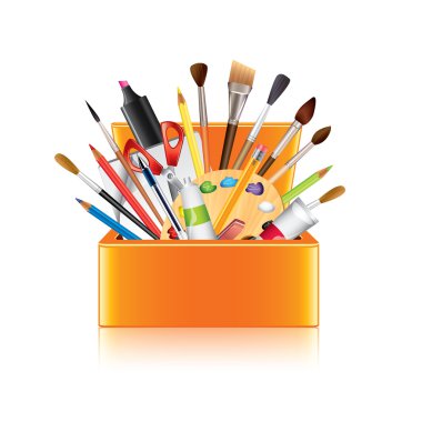 İzole üzerinde beyaz vektör sanat malzemeleri kutusu