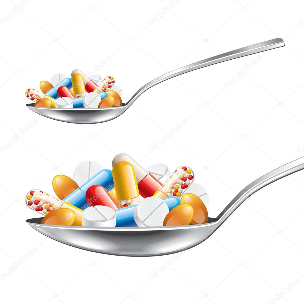 Spoon with medicines isolated on white vector