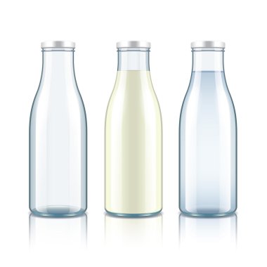 Glass bottle with milk, water and empty