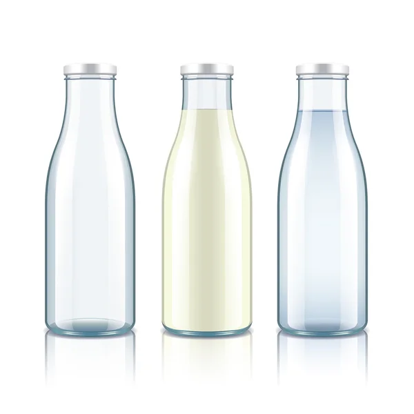 Botella de vidrio con leche, agua y vacío — Vector de stock