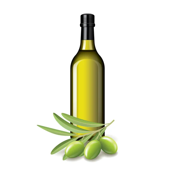 Aceite de oliva botella y aceitunas vector aislado — Vector de stock