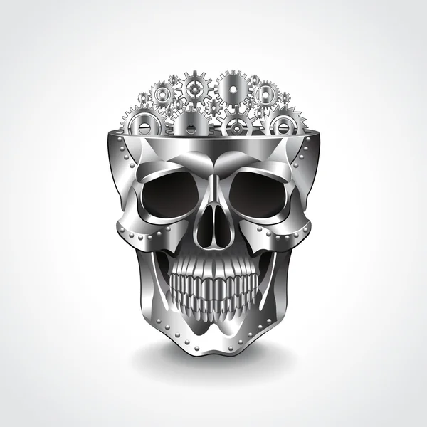 Calavera de metal, cerebro de engranajes vector ilustración — Vector de stock