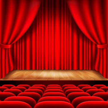Theater stage with red curtain and seats vector