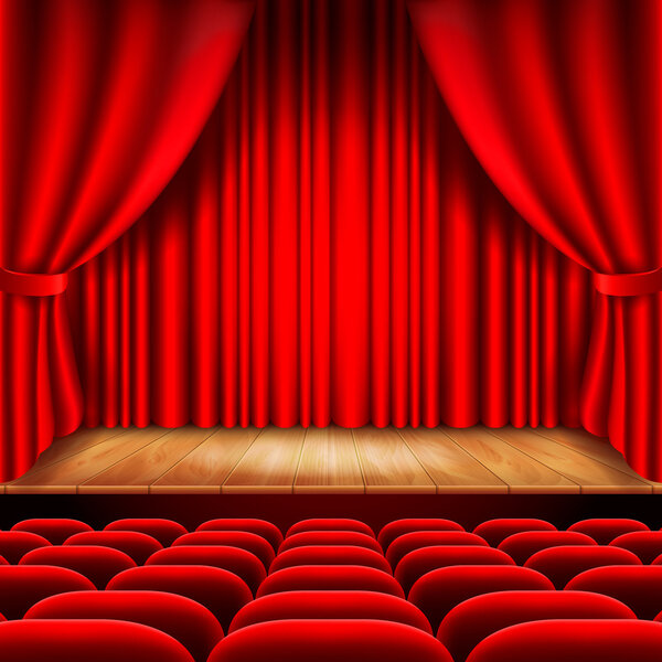 Theater stage with red curtain and seats vector