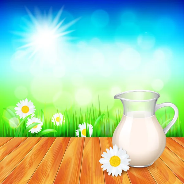 Milk jug on wooden table, nature background — Διανυσματικό Αρχείο