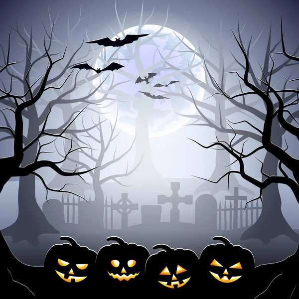 Хэллоуинское кладбище и тыквы в туманном лесу — стоковый вектор