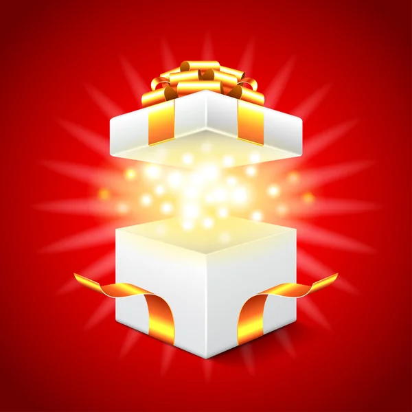 Opened gift box on red background vector — Stock Vector