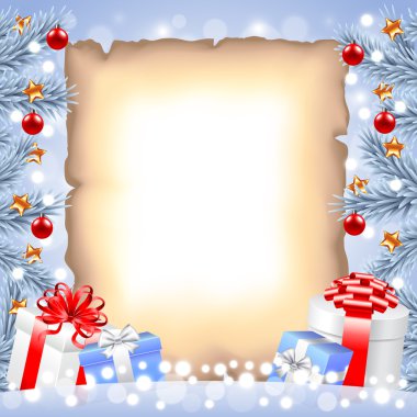 Beyaz Noel ağaç dalları, kağıt ve hediyeler