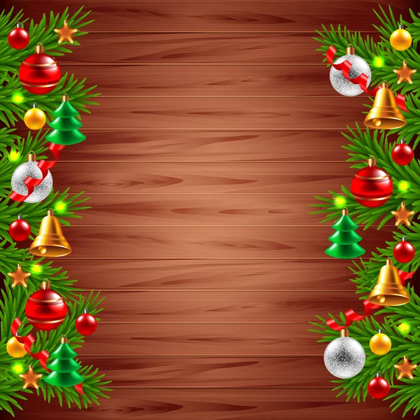 Ramas de árbol de Navidad sobre fondo de madera — Vector de stock