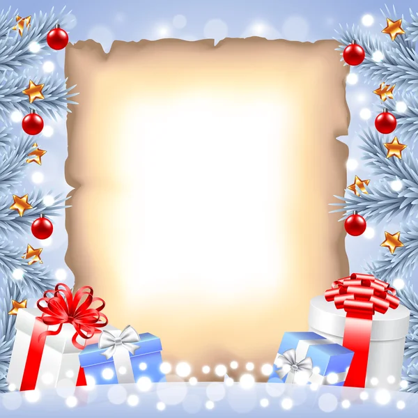 Ramos de árvore de Natal branco, papel e presentes — Vetor de Stock
