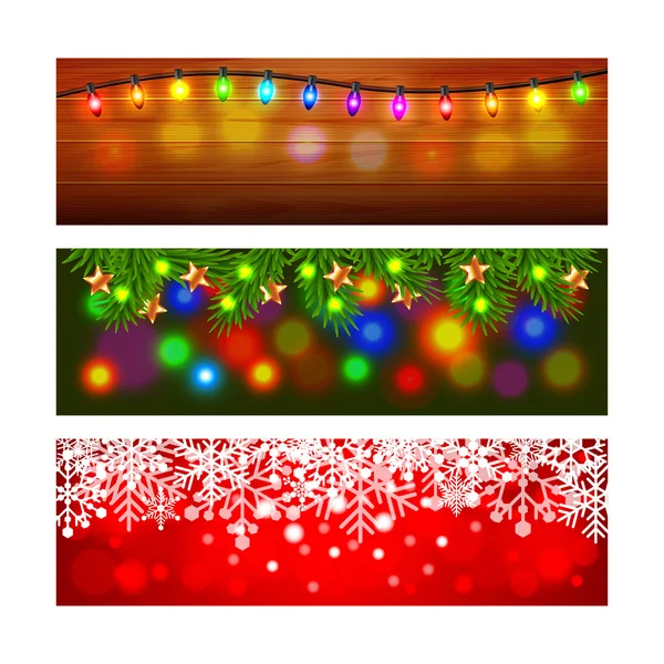 Banderas de Navidad con luces y copos de nieve — Archivo Imágenes Vectoriales