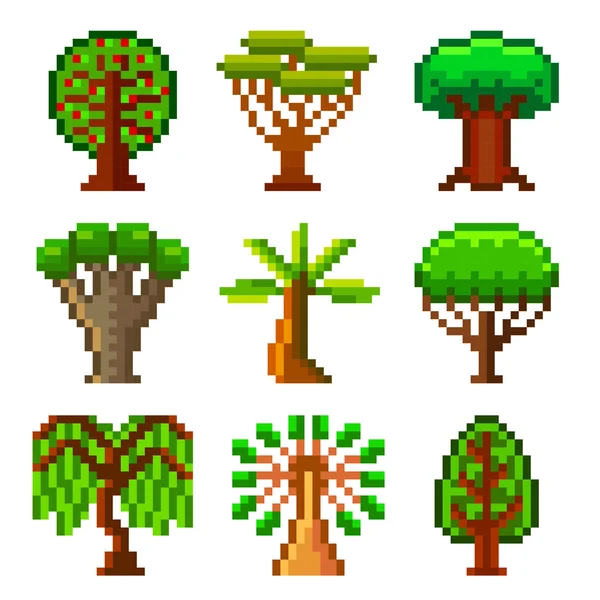 Pixel bomen voor games iconen vector set — Stockvector