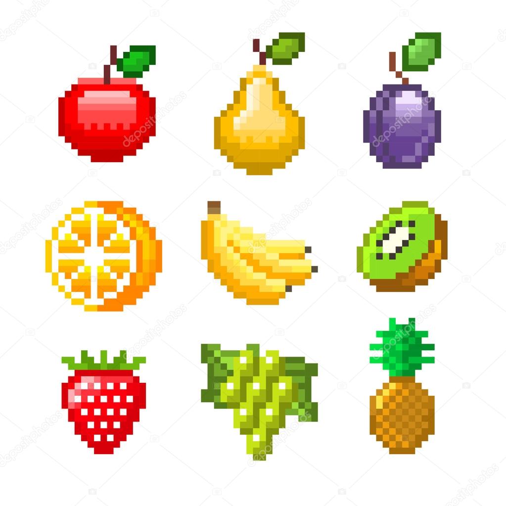 Pixel fruits for games icons vector set