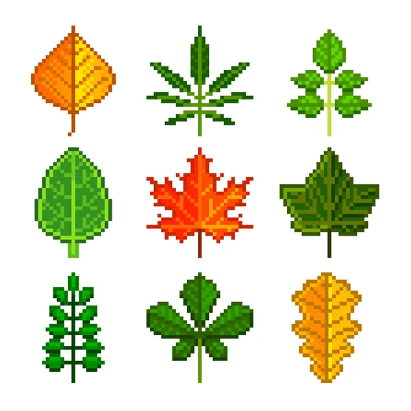 Pixel bladeren voor games iconen vector set — Stockvector