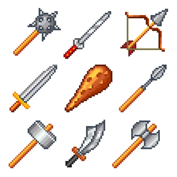 Pixel armas para los iconos de juegos vector conjunto — Vector de stock