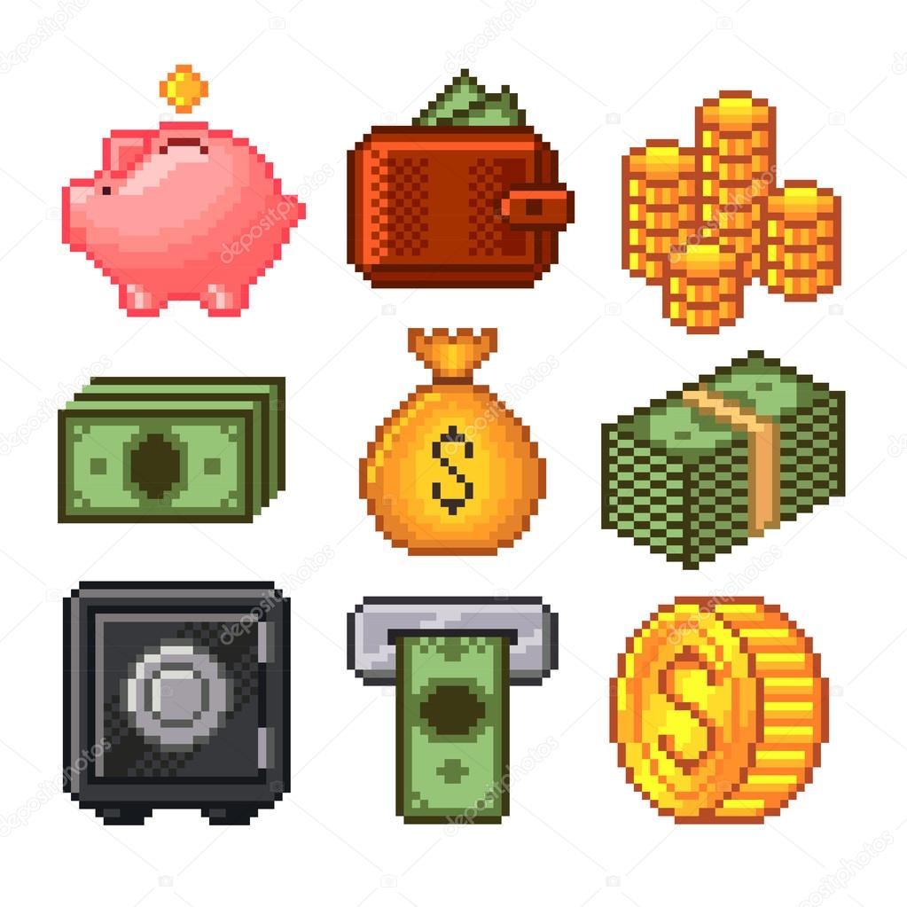 Pixel money icons vector set