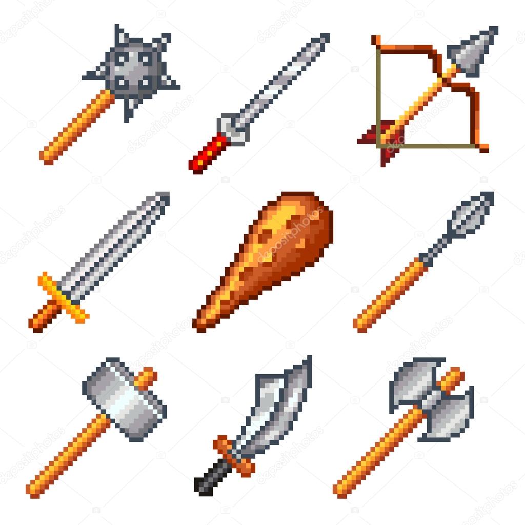 Pixel weapons for games icons vector set