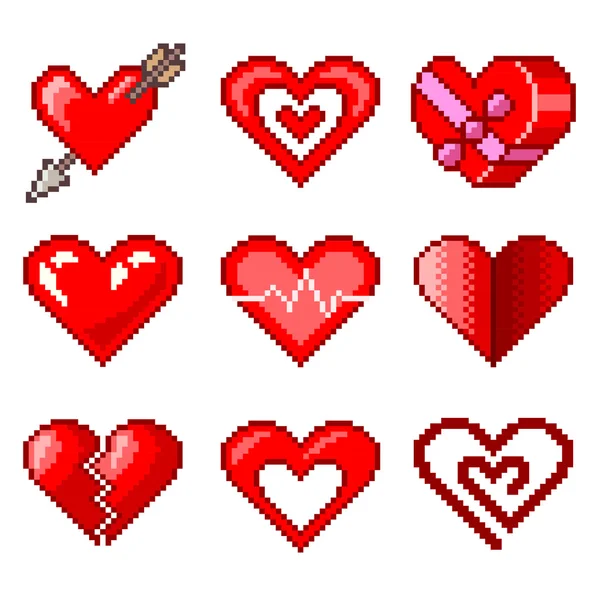 Pixel hearts for games icons vector set — Stock Vector