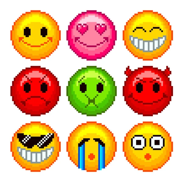 Pixel emoticonos para juegos iconos vector conjunto — Vector de stock