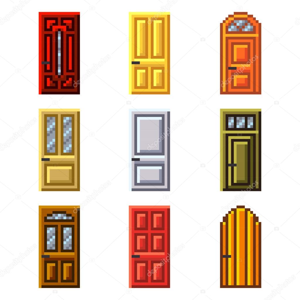 Pixel doors for games icons vector set