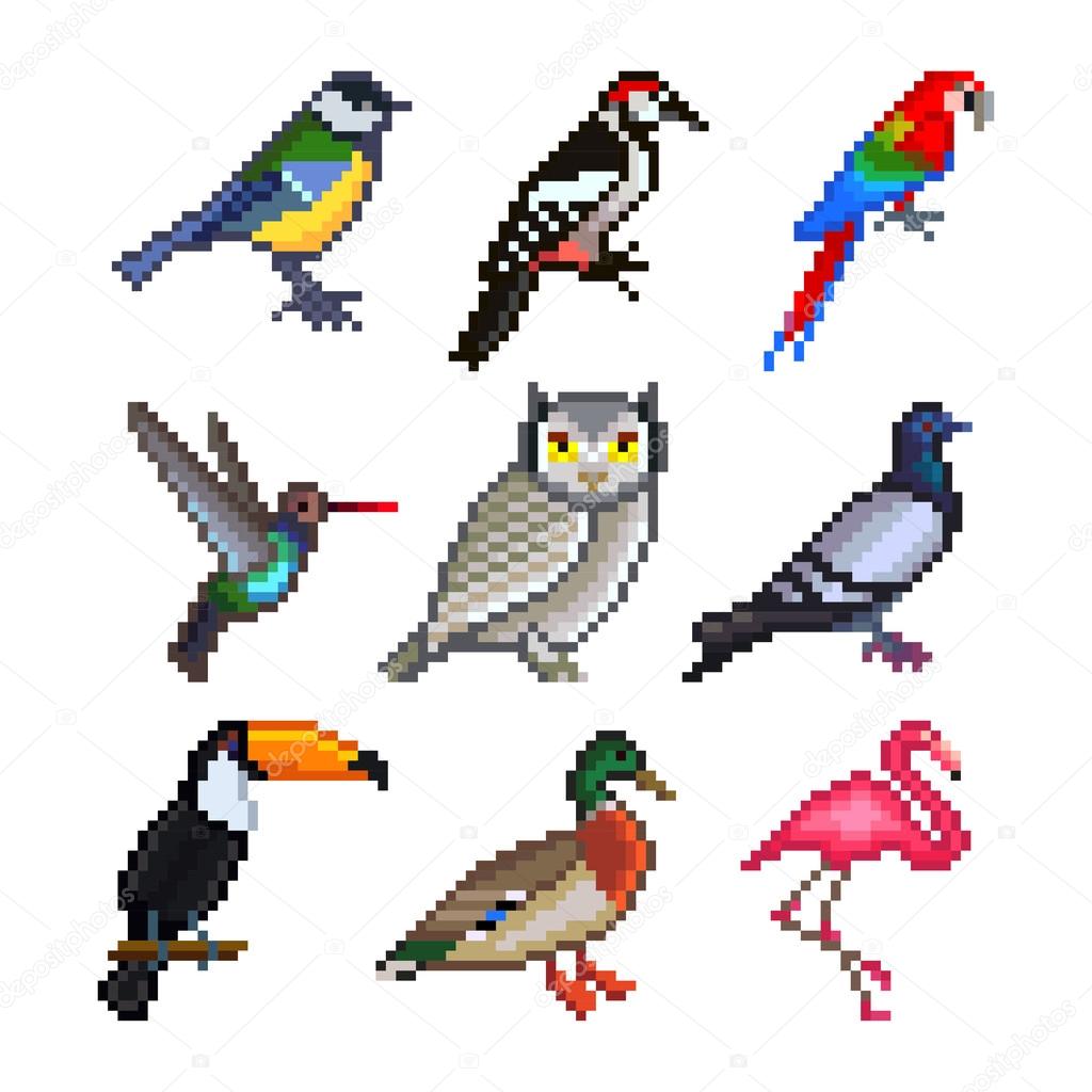 Pixel birds for games icons vector set