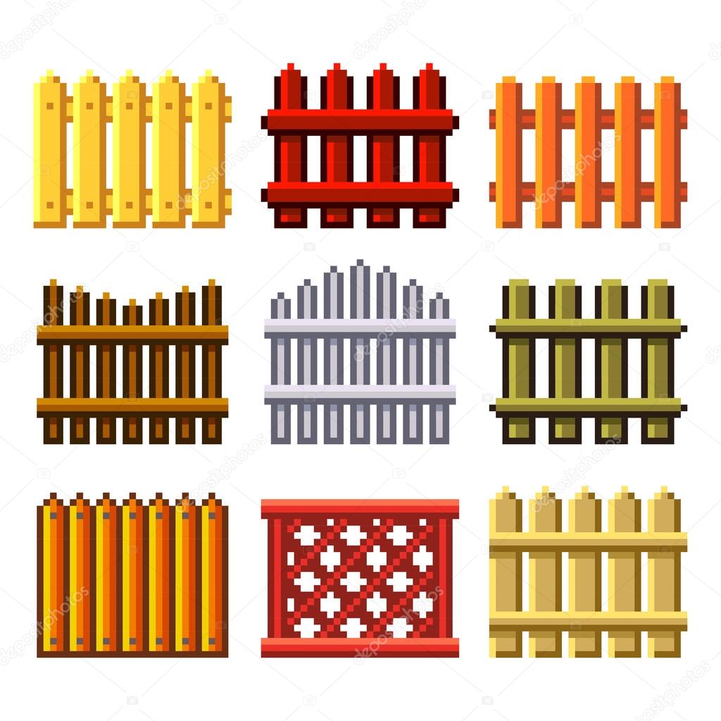 Pixel fences for games icons vector set