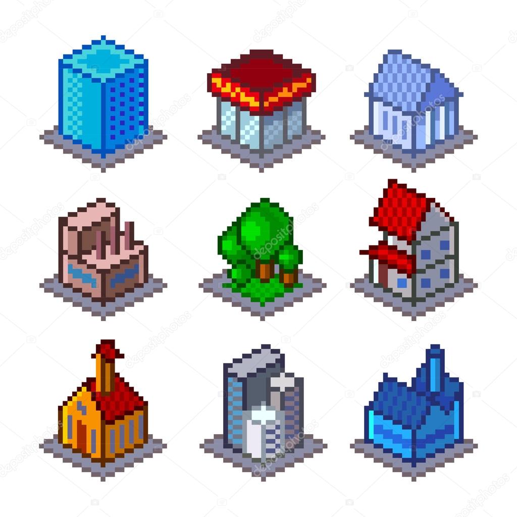 Pixel isometrical city buildings icons vector set
