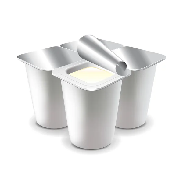 Quatro copos de iogurte isolados em vetor branco — Vetor de Stock