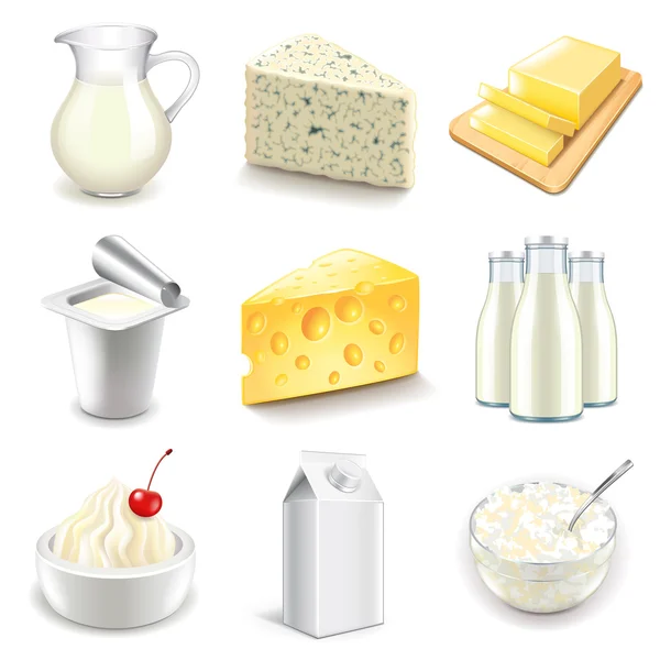 Süt ve süt ürünleri simgeler kümesi vektör — Stok Vektör