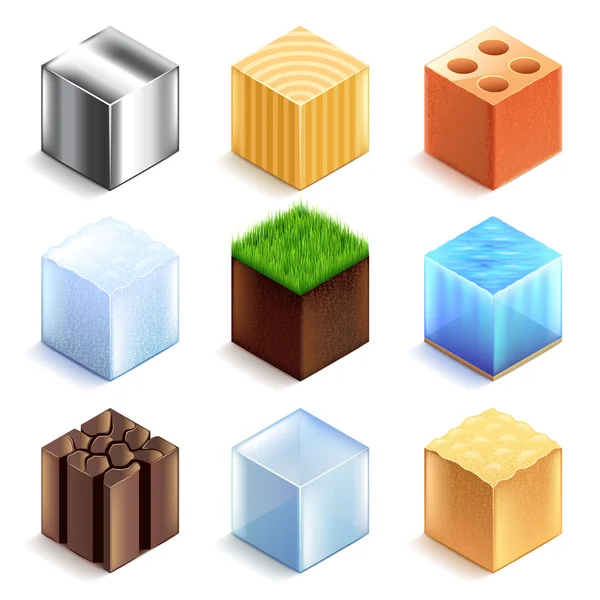 Materials and textures cubes icons vector set — Stock Vector