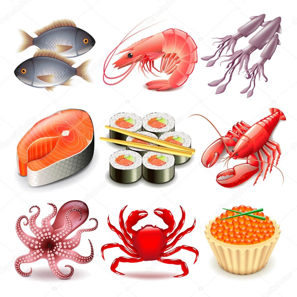 Seafood icons vector set