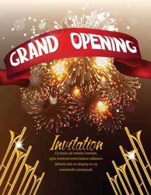Vector illustration with trumpets, fireworks and red ribbon. Grand Opening invitation. clipart
