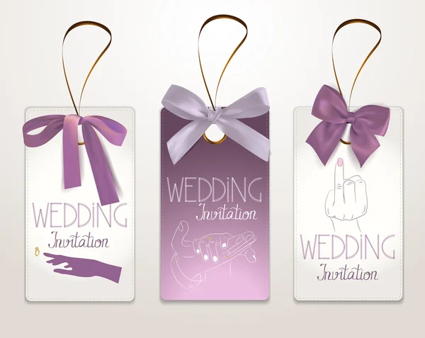 Jeu de cartes d'invitation de mariage avec noeuds en satin et silhouettes de mains — Image vectorielle