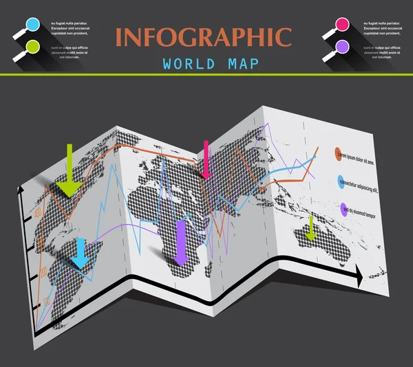 Mapa del mundo e información gráfica sobre el papel doblado. Ilustración vectorial plana — Vector de stock