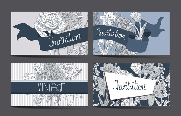 Conjunto de tarjetas de invitación vintage con flores. Ilustración vectorial — Vector de stock