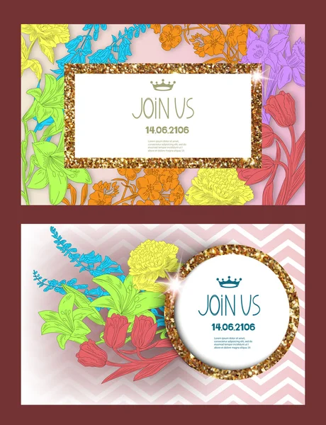 Tarjeta de invitación con marcos de textura dorada, flores y cinta — Vector de stock