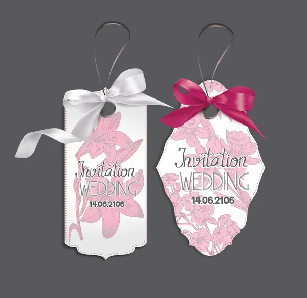 Elegantní karet s růžové hedvábné stuhy a květiny na pozadí — Stockový vektor