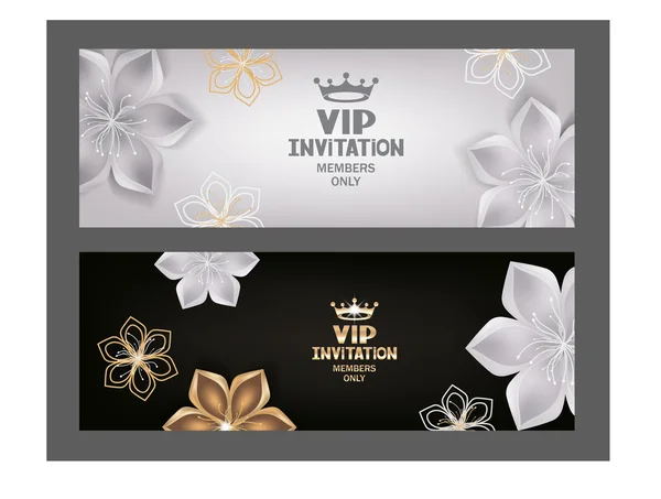 Cartes d'invitation VIP avec fleurs abstraites et couronne — Image vectorielle