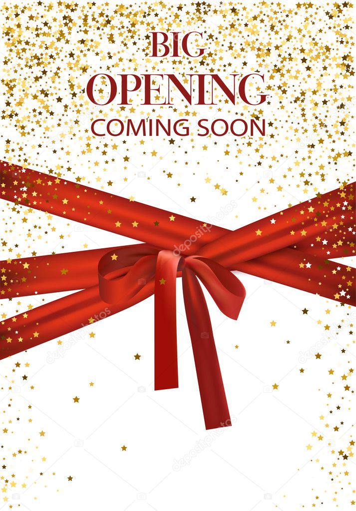 Big opening coming soon vector illustration with gold star and red long ribbon