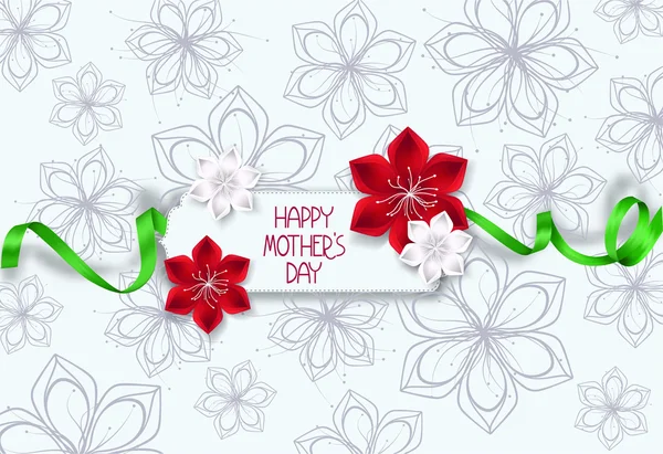 Elegante tarjeta de felicitación del día de la madre con flores rojas y blancas y cinta verde seda — Archivo Imágenes Vectoriales