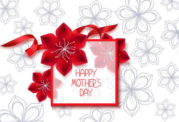 Щасливий банер Дня матері з червоними квітами та шовковою стрічкою — стоковий вектор