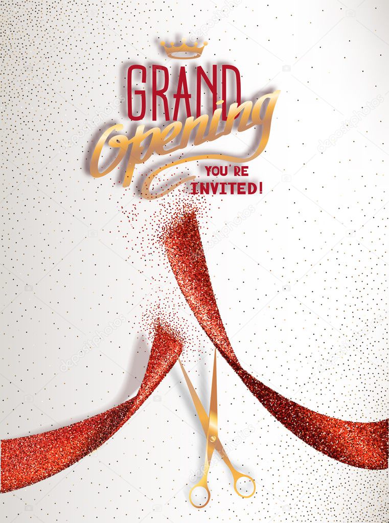 Grand Opening Banner With Cut Red Ribbon And Gold Scissors. Vector